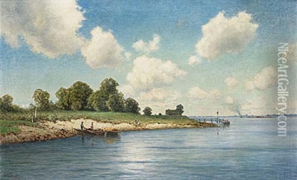 Sommarlandskap Med Figurer Vid Strand Oil Painting - Ascan Lutteroth