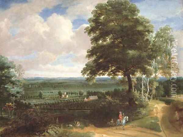A panoramic landscape with a huntsman on a path and a manor house with formal gardens beyond Oil Painting - Jacques d' Arthois