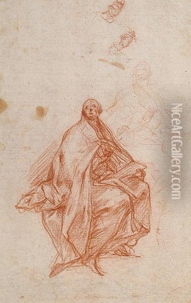 Figure Of A (bishop?) Saint, A Further Study For The Same Figure And Two Sketches Of A Hand(recto) Oil Painting - Carlo Bartolomeo Borsetti