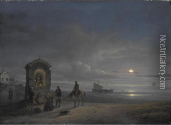 Veduta Di Una Spiaggia Di Mare Col Levar Della Luna Oil Painting - Guiseppe Canella