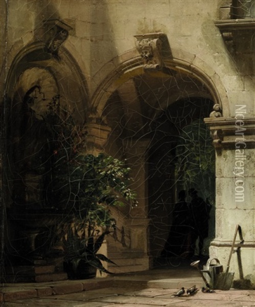 Portaldurchgang Mit Liebespaar Und Tauben Oil Painting - Friedrich Carl Mayer