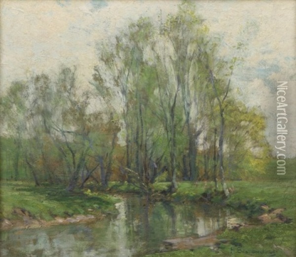 River Through A Tree-lined Landscape Oil Painting - Hugh Bolton Jones