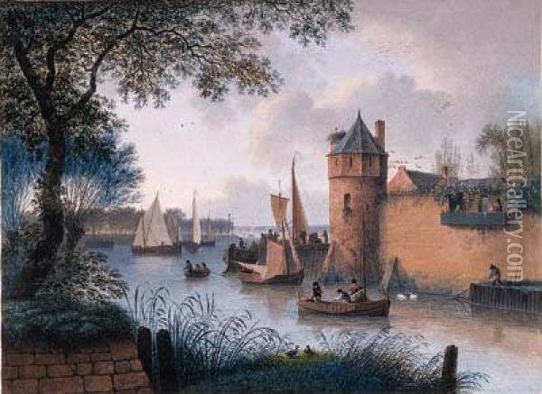 A Town Wall With A Jetty By A 
Tower At An Estuary And Fishermenmooring, Elegant Company Looking On 
From A Balcony Oil Painting - Joseph Augustus Knip