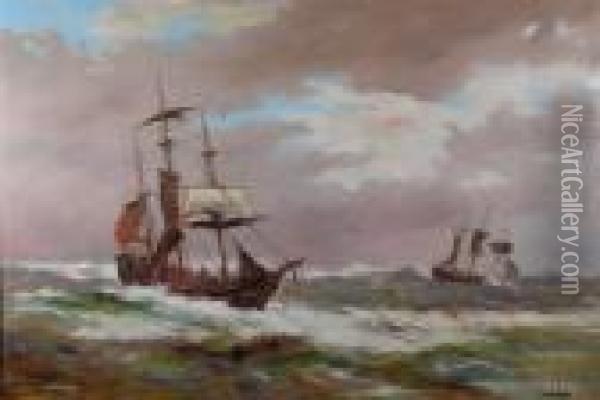 Shipping In Heavy Seas Oil Painting - Abraham Hulk Jun.