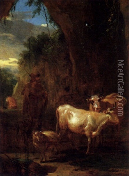 Hirt Mit Kuhen Und Einem Schaf In Einer Gebirgigen Landschaft Oil Painting - Johann Heinrich Roos