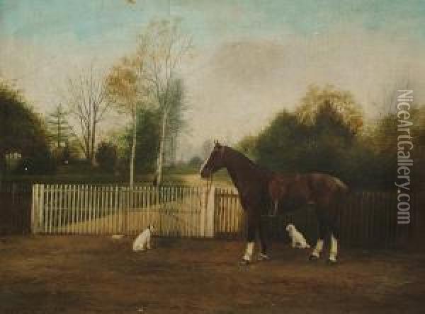Portrait Of A Saddled Bay Horse With Two Terriers Oil Painting - Frederick, Fred French