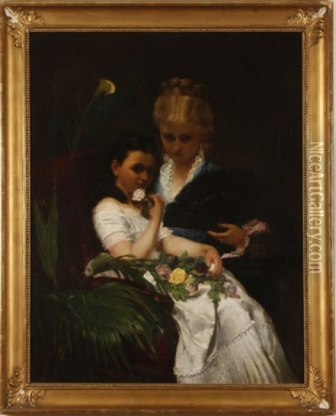 Portrait Of Mother And Daughter With Flowers Oil Painting - Maria Brooks