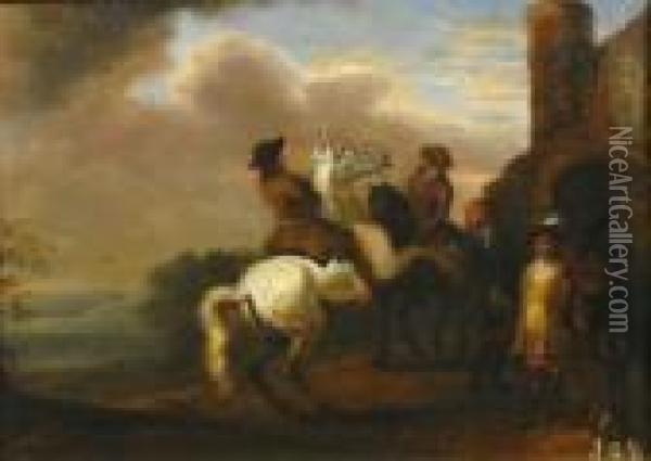 Riders In Front Of The Stables. Denoted With Stocknumber Bottom Right: 148 Oil Painting - Pieter Wouwermans or Wouwerman