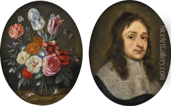 Still Life With Flowers In A Vase (recto); Portrait Of A Man, Bust-length, In A Flat Lace Collar (verso) Oil Painting - Jan van Kessel the Elder