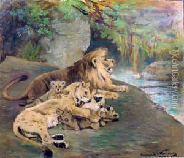 Une Famille De Lions Oil Painting - Gustav Wertheimer