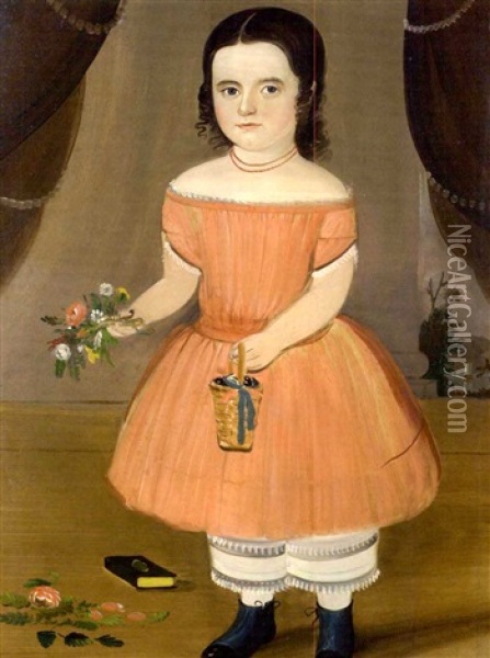 Portrait Of A Young Girl In Apricot Dress Holding Bouquet And Basket Of Berries Oil Painting - William Matthew Prior