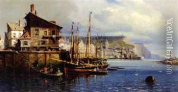 Fishing Boats Unloading In A French Port Oil Painting - Charles Euphrasie Kuwasseg