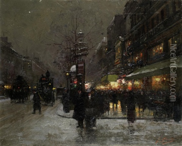 Parisian Boulevard In Winter Oil Painting - Fausto Giusto