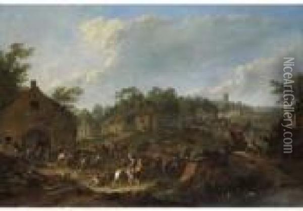 Dorfansicht Mit Kampfszene Oil Painting - Karel Van Breydel (Le Chevalier)
