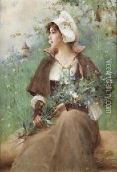 Jeune Femme Avec Bouquet De Fleurs. Oil Painting - Auguste Emile Pinchart