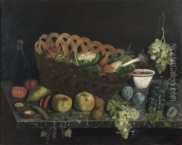 Nature Morte De Fruits, Bouteilles Et Verres, Sur Un Entablement (2 Works) Oil Painting - Charles-Borromee-Antoine Houry