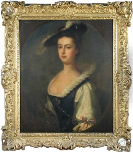 Portrait Of A Lady In A Feathered Hat, Pearls In Her Hair And A Blue And White Dress And Gem-set Stomacher Oil Painting - Enoch Seeman