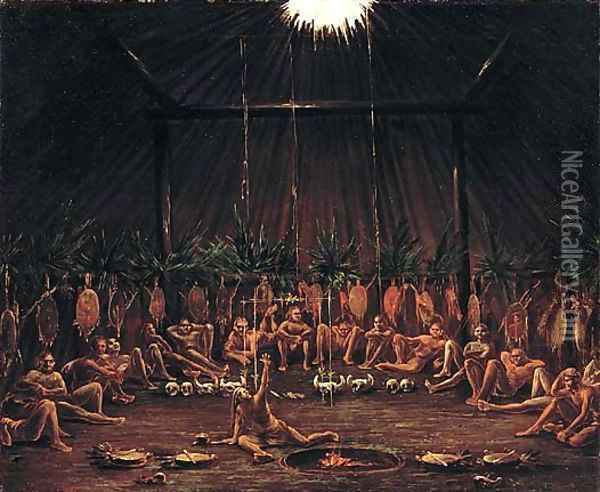 Interior View of the Medicine Lodge Mandan O kee pa Ceremony 1832 Oil Painting - George Catlin