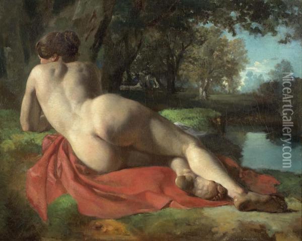 Liegender Akt Auf Roter Decke Im Grunen. 1847. Oil Painting - Henri Louis Lerohe