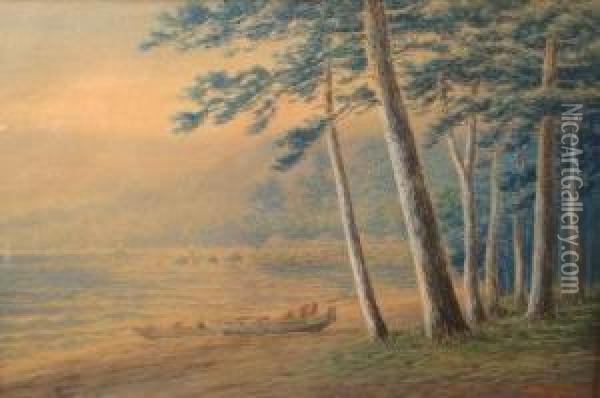 Two Fishing Boats On The Shore Of A Lake Beneath Pine Trees Oil Painting - Shumin