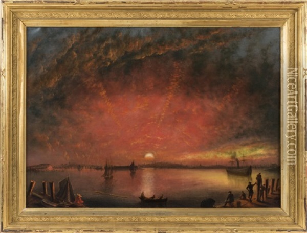 Sunset Over Baltimore Harbor Oil Painting - Nicolino V. Calyo
