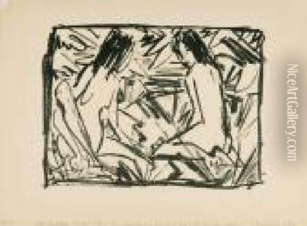Ein Sitzendes Und Ein Knieendes Madchen Unter Blattern. Oil Painting - Otto Mueller