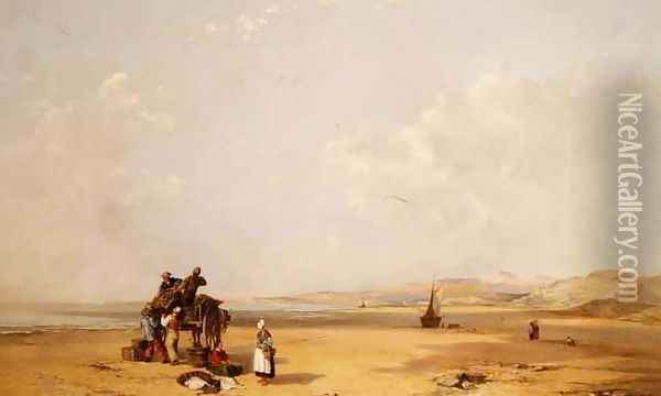 Fishermen unloading their catch on the beach in Cardigan Bay, 1841 Oil Painting - Charles Branwhite