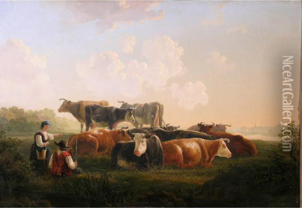 Jeunes Paysans Et Leur Troupeau Oil Painting - Jacob Van Stry