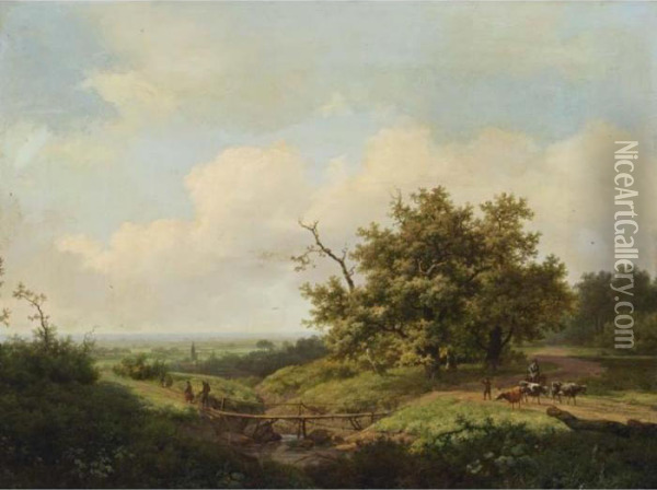 An Extensive Summer Landscape With Travellers On A Path Oil Painting - Marianus Adrianus Koekkoek