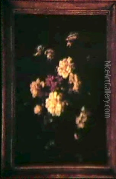 Still Life Of Flowers In A Glass Vase Upon A Ledge Oil Painting - Jean-Baptiste Monnoyer