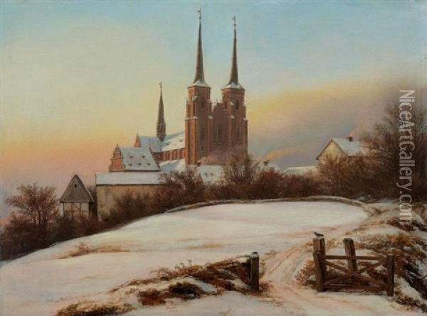 Winterliche Ansicht Der Kathedrale Von Roskilde Oil Painting - Johan Christian Dahl