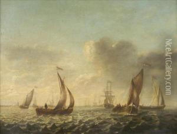 Off The Dutch Coast, With Men O'war, Fishing Boats And Sailing Barges In Calm Waters Oil Painting - Jan Van De Capelle