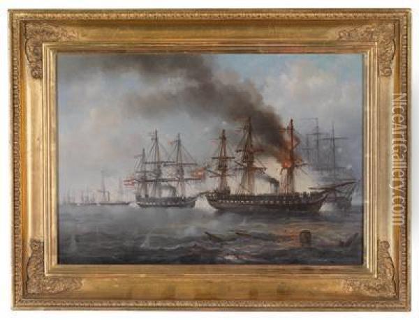 The Sea Battle At Helgoland Oil Painting - Josef Carl Berthold Puttner