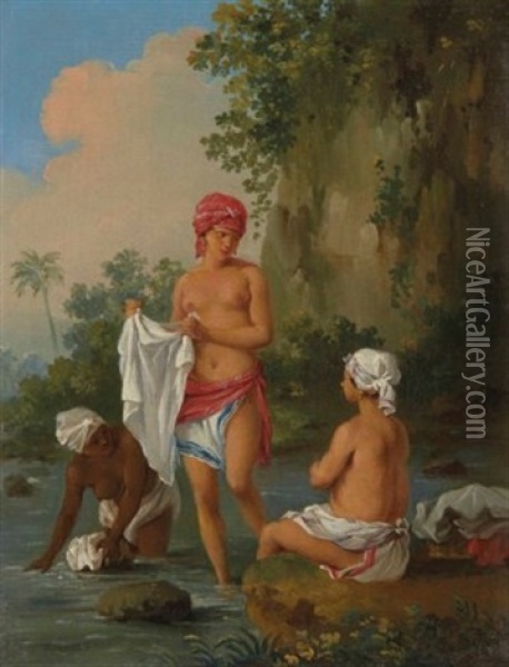 Free Women Of Dominica Washing Clothes In A Stream Oil Painting - Agostino Brunias