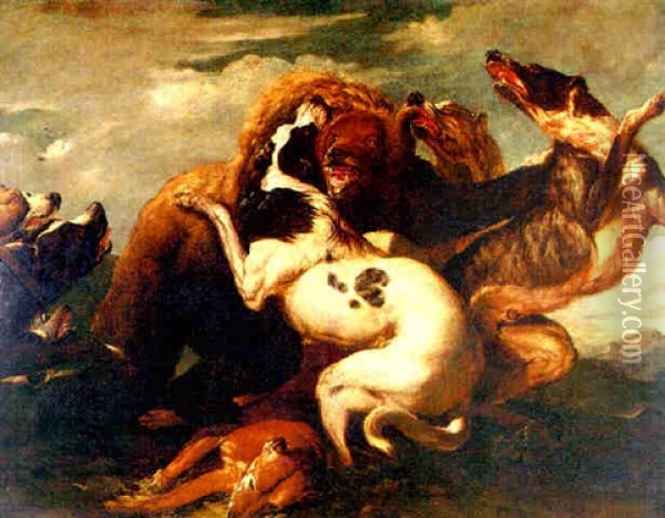 Jauria De Perros Atacando A Un Oso Oil Painting - Carl Borromaus Andreas Ruthart