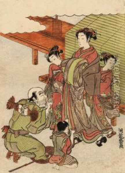 A Design Of A Courtesan 
Acccompanied By Her Two Kamuro, An Elderly Beggar And A Young Boy Kneel 
In Front Of Her, Signed Koryusai Ga, Very Good Impression, Colours And 
Condition; And Another Design Of Two Young Girls Walking With A Dog, 
Signed Kory Oil Painting - Isoda Koryusai