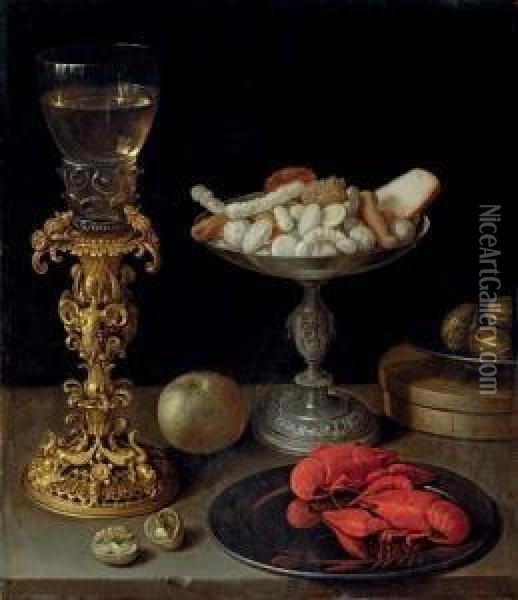 A Roemer On A Silver-gilt Bekerschroef, Sweetmeats In A Silver Tazza, Langoustines On A Plate, Walnuts And An Apple On A Table Top Oil Painting - Bartholomeus Van Winghen