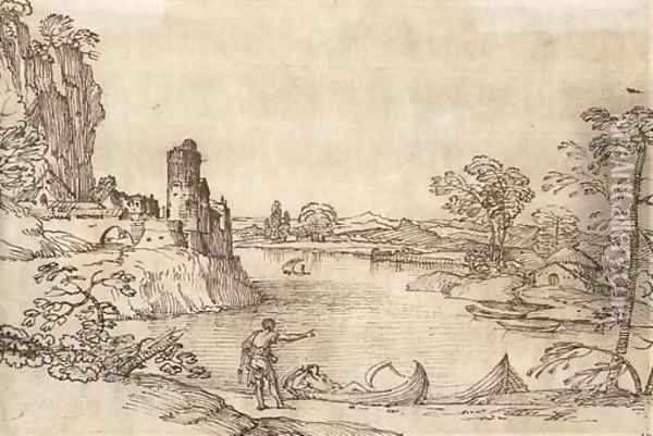 A landscape with boatmen by a lake and a village seen beyond Oil Painting - Giovanni Francesco Grimaldi