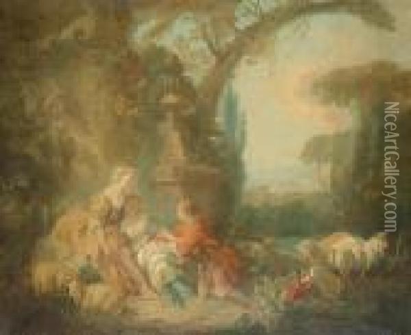 An Elegant Young Man Courting Two Shepherdesses In A Landscape Oil Painting - Francois Boucher