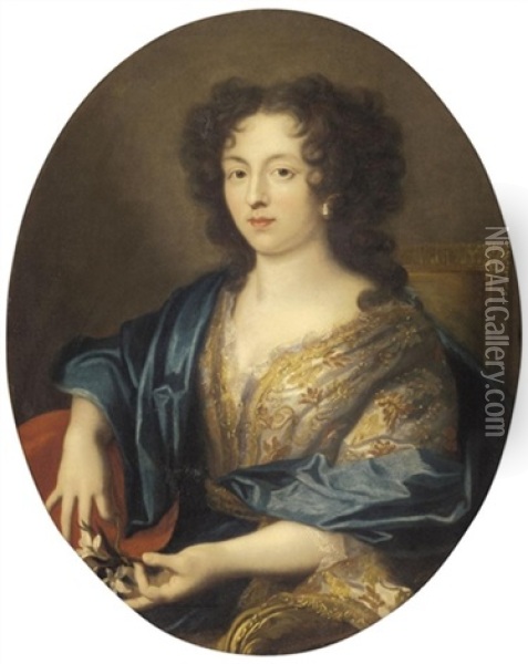 Portrait Of A Lady, Half Length, Wearing A Richly Embroidered Dress And A Blue Shawl And Holding A Flower Oil Painting - Pierre Mignard the Elder
