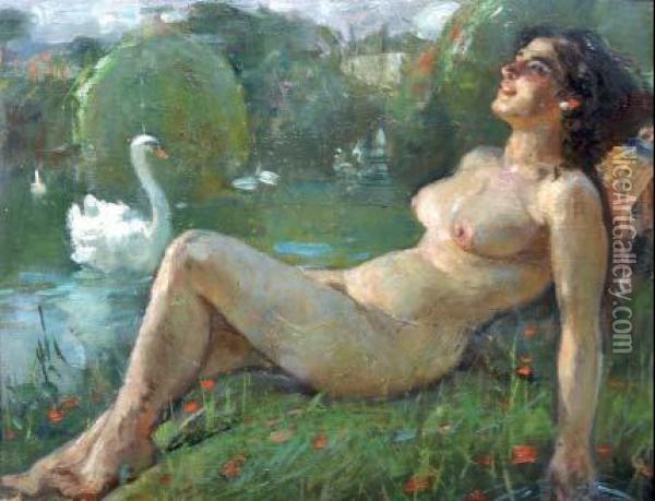 Nudo Di Donna Con Cigno Oil Painting - Gennaro Villani