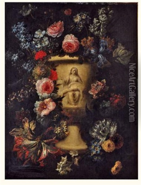 Vase De Fleurs Decore D'une Pieta Oil Painting - Jan-Baptiste Bosschaert