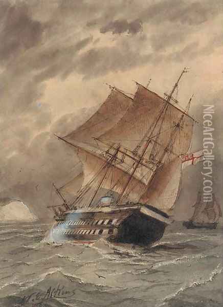 A Royal Naval two-decker heeling in the breeze Oil Painting - William Edward Atkins