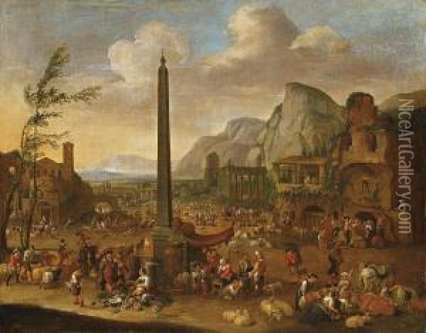 Bauernmarkt Unter Einem Obelisk Oil Painting - Pieter Van Bredael