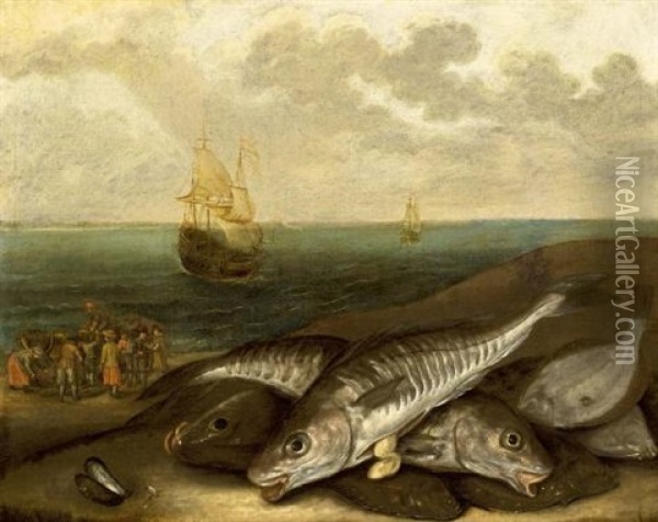 A Still Life With Haddock And Plaice On A Beach, Together With Fishmongers Selling Their Catch And Sailing Vessels At Sea In The Background (in Collab. W/follower Of Adam Willaerts) Oil Painting - Jakob Gillig