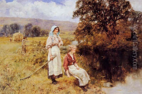Resting By A Stream After The Harvest Oil Painting - Henry John Yeend King