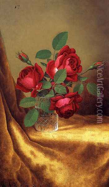 Red Roses In A Crystal Goblet Oil Painting - Martin Johnson Heade