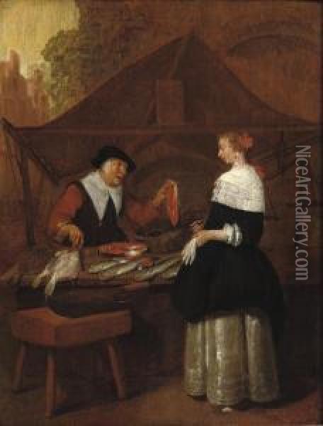 A Fishmonger Selling Her Wares To An Elegant Lady At A Stall Oil Painting - Quiringh Gerritsz. van Brekelenkam