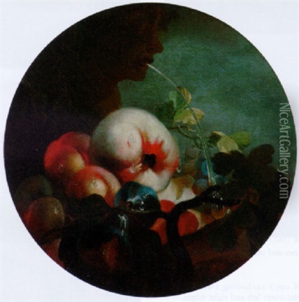 Peaches, Figs And An Apple By A Fountain Oil Painting - Abraham Brueghel