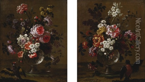 Bouquets Of Flowers In Glass Vases On Ledges With Birds (pair) Oil Painting - Pierre Nicolas Huilliot